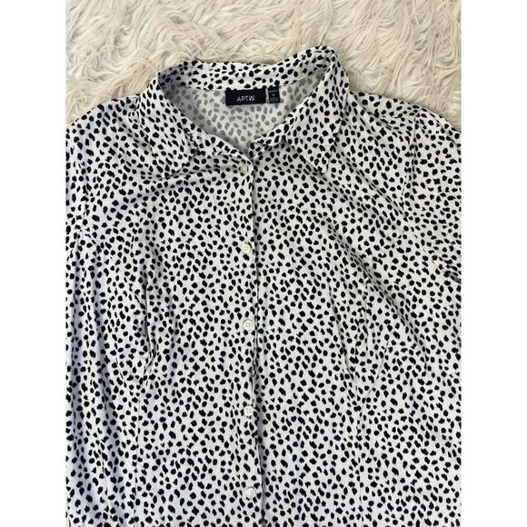 Apt. 9 Women Plus Size 1X White & Black Polkadot Speckle Button Up Blouse Shirt - Picture 11 of 13
